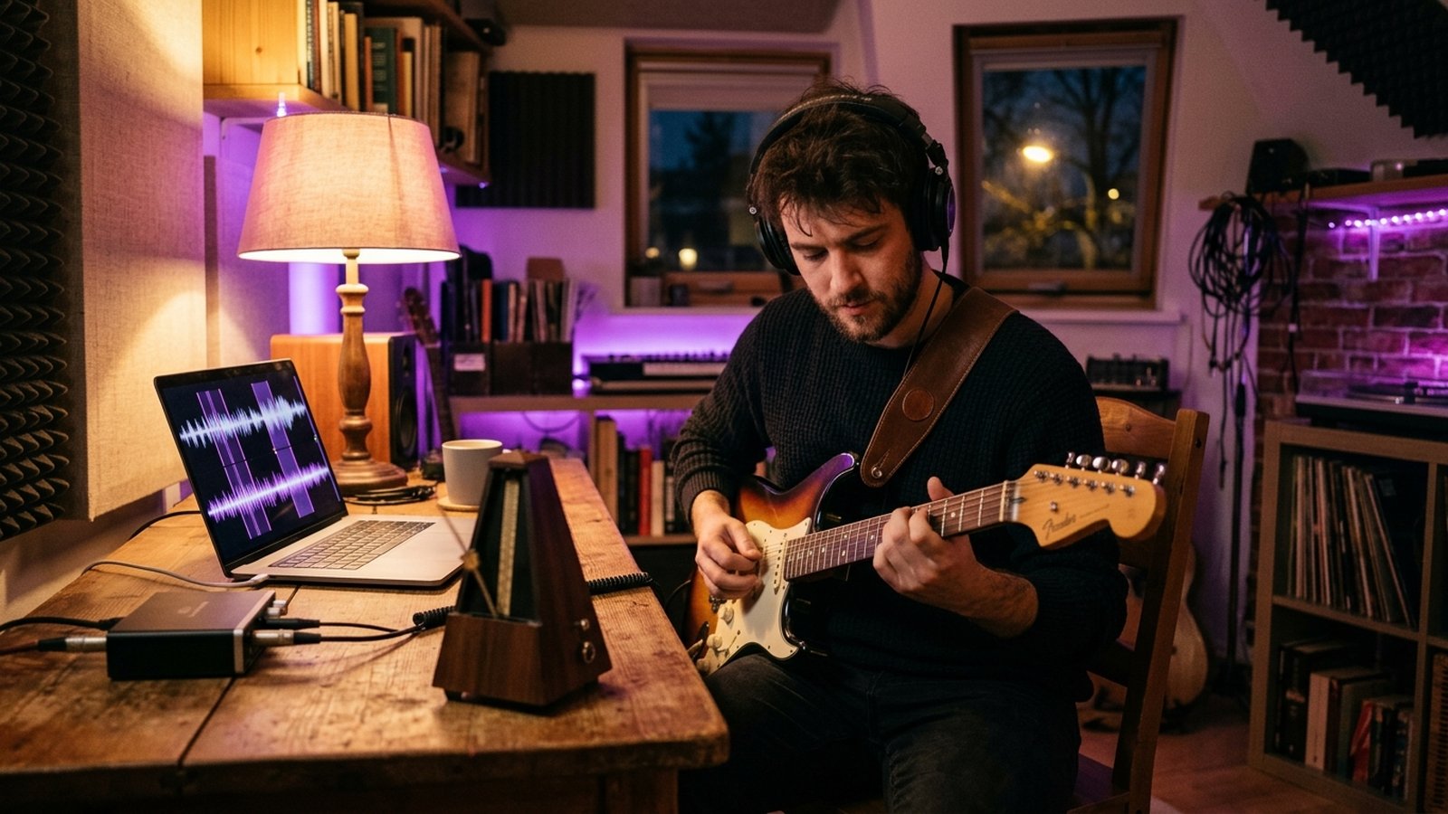 Akşam ışığında masasında kulaklıkla elektro gitar çalan bir müzisyen; dizüstü bilgisayar ekranında vuruş ızgaralı bir ses dalgası ve masada sarkaçlı metronom