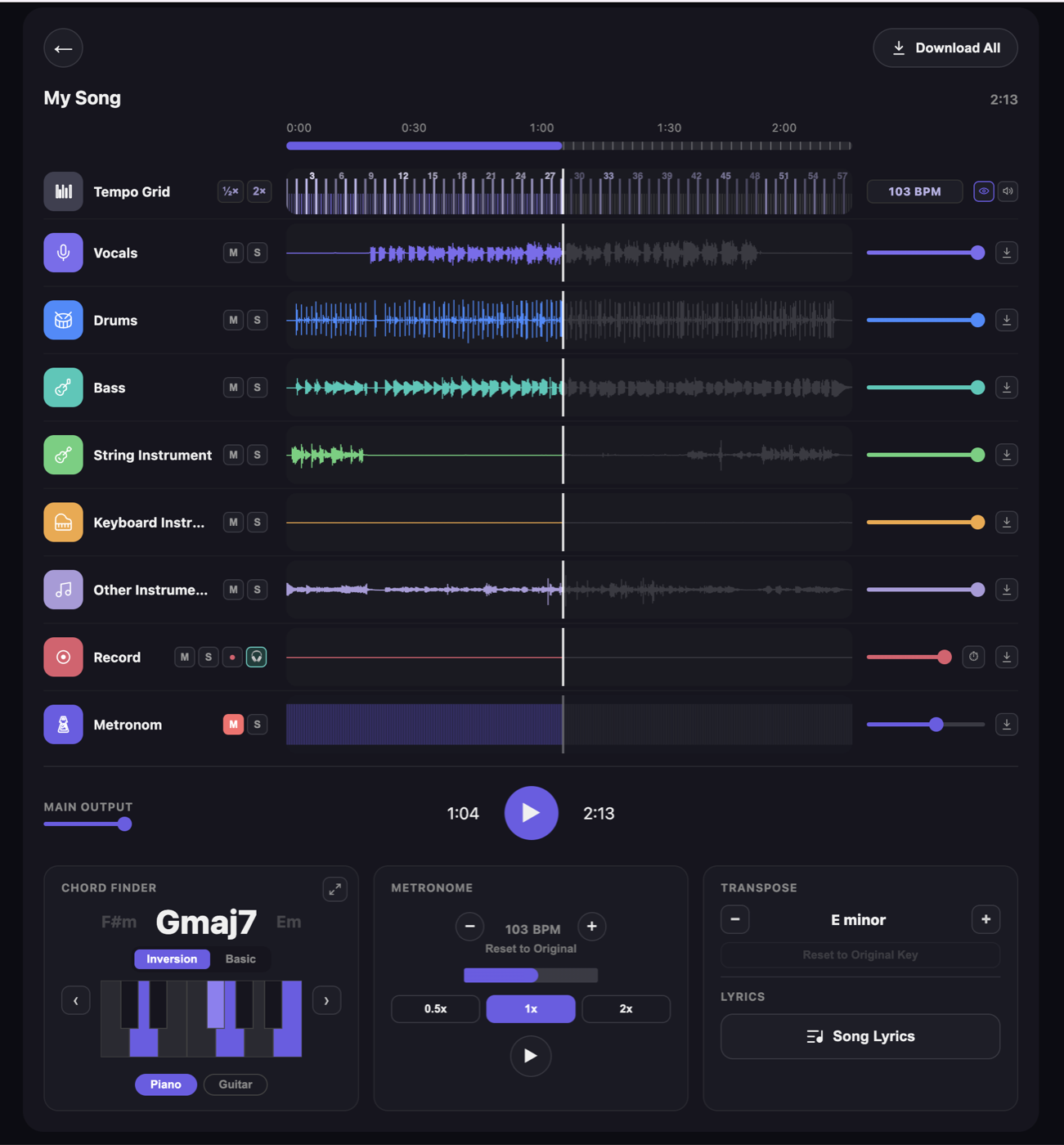 VoxoMix ana görünümü: bir şarkı Vokal, Davul, Bas, Yaylı, Klavye ve Diğer kanallarına ayrılmış, her birinde sustur/solo düğmeleri var; altta 103 BPM ve 0.5x/1x/2x hız düğmeleri olan metronom paneli ile E minör'e ayarlı transpose paneli