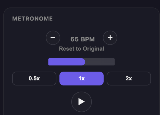 VoxoMix metronom paneli: 65 BPM göstergesi, artı eksi düğmeleri ve 0,5x, 1x, 2x hız seçenekleri